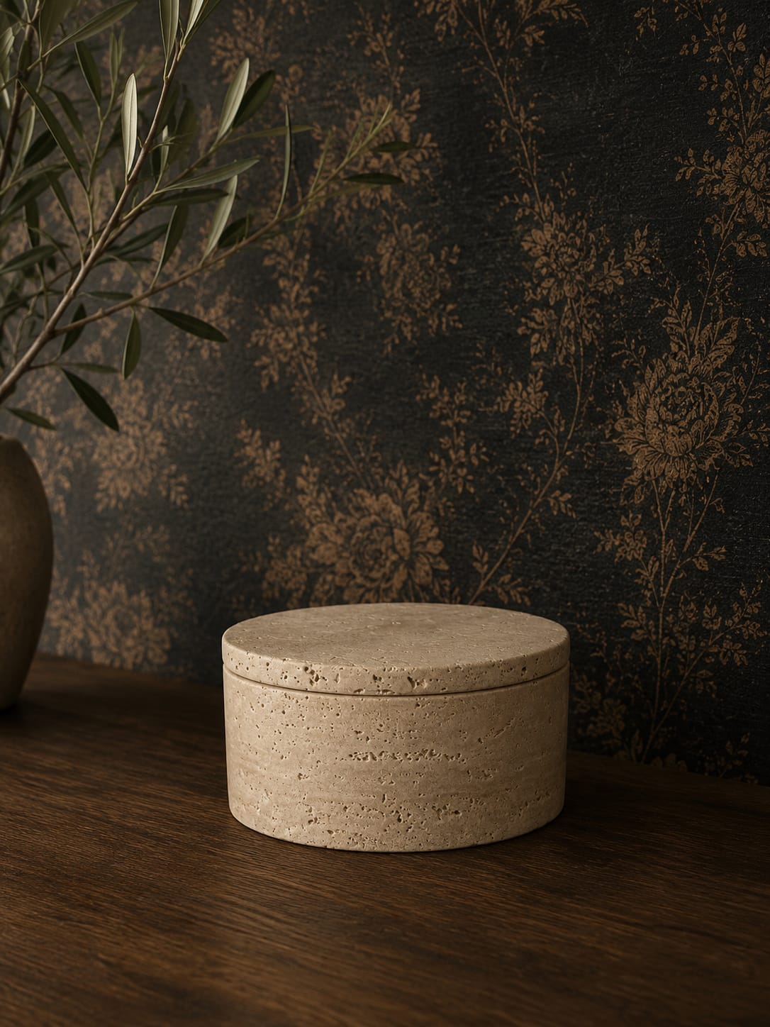 Round Travertine Box with Lid view 1