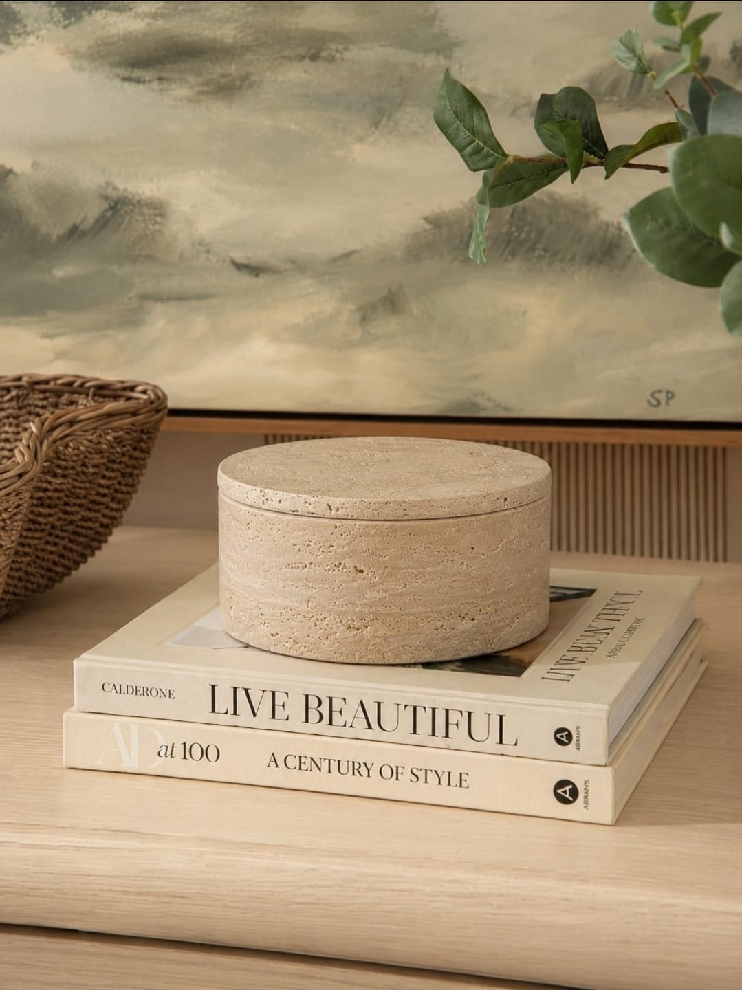 Round Travertine Box with Lid view 4